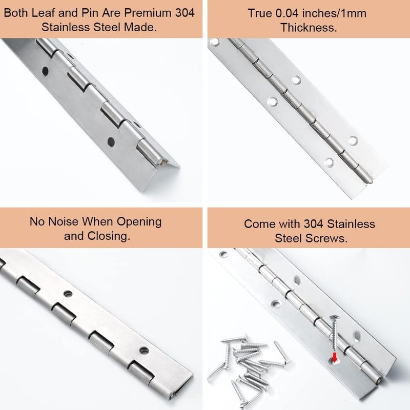 FVSEC 6 Pack 12 Inch Piano Hinge, Heavy Duty Continuous Hinge with Holes for Cabinets Boat Marine Door, 304 Stainless Steel 0.04" Leaf Thickness 1.2'' Open Width - Image 4